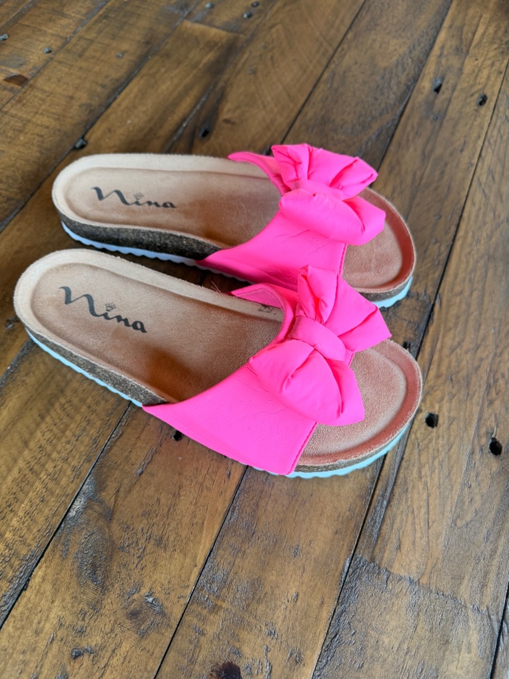Nina Hot Pink Bow Slide Sandals Girls Bright Dressy Slip-On Slides EUC